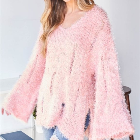 Comfy Oversized Fuzzy Pink Distressed Sweater - Picture 2 of 6